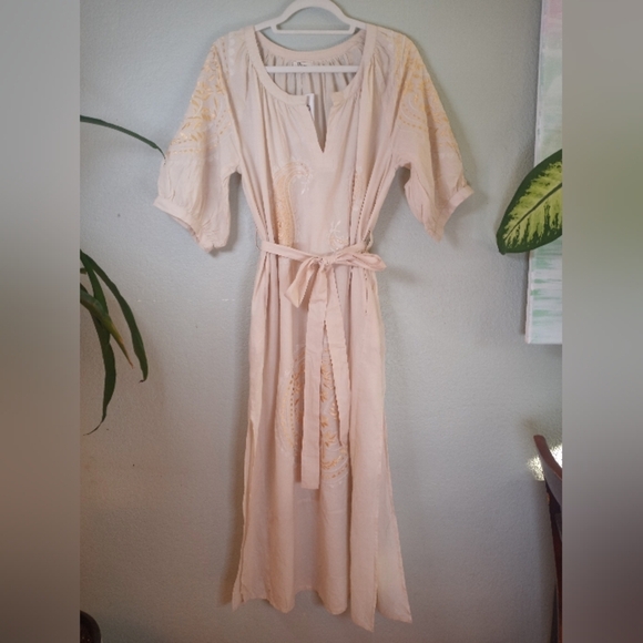 Rhea Handmade Cotton Silk Embroidered Floral Puffed Sleeve Bohemian Casual Midi - Picture 7 of 13